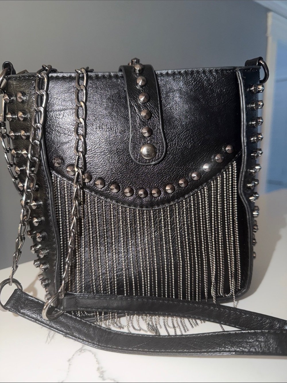 Black Studded Fringe Crossbody Bag - Brand Not Visible